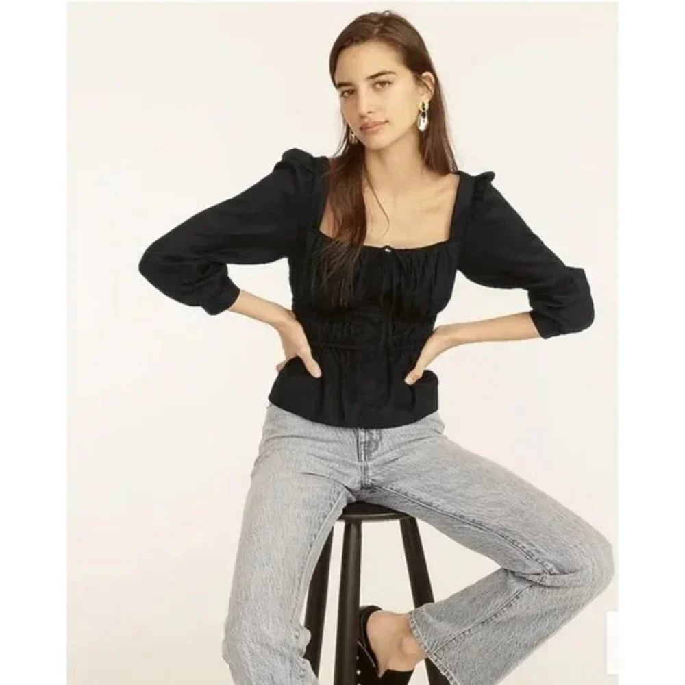 J.Crew Winter Preppy Chic Cinched Waist Top in Herringbone‎ Cotton in Black 6